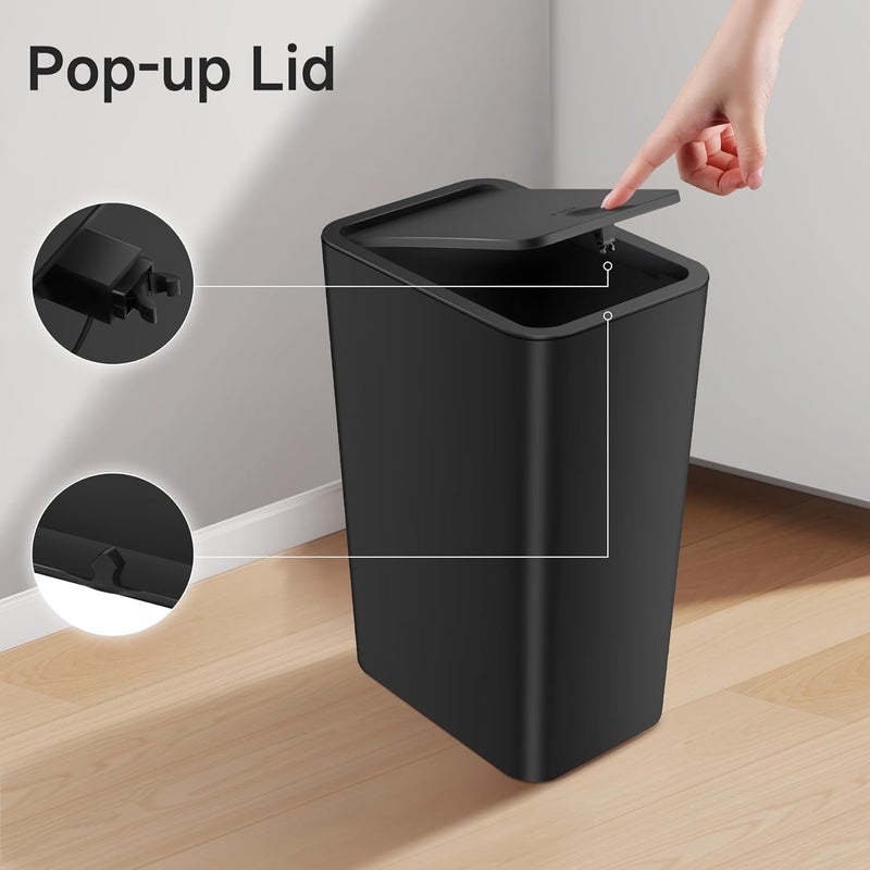 TIPGO Bathroom Trash Can with Lid, 4 Gallon / 15 Liter Small Garbage Can, Press Top Bin, Plastic Wastebasket with Pop-Up Lid for Bedroom, Living Room, Office (Black) - Image 4